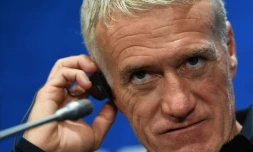 Le sélectionneur des Bleus  Didier Deschamps lors d'une conférence de presse de veille de match au stade Loujniki de Moscou, le 25 juin 2018