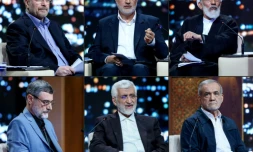(Ce combo créé le 18 juin 2024 Ă partir d'images fournies par la RĂ©publique islamique d'Iran montre les candidats Ă la prĂ©sidentielle (de g Ă d) Mohammad Bagher Ghalibaf, Alireza Zakani, Mostafa Pourmohammadi, Masoud Pezeshkian, SaĂŻd Jalili et Amirhossein Ghazizadeh-Hashemi pendant un dĂ©bat au studio de la tĂ©lĂ©vision d'Ătat Ă TĂ©hĂ©ran, le 17 juin 2024