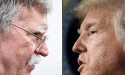 (ARCHIVE) L'ancien conseiller à la sécurité nationale John Bolton (G) le 28 juin, 2019, à Osaka, et le président Donald Trump le 19 décembre, 2019 à Washington