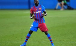 Le défenseur français de Barcelone Samuel Umtiti lors du Trophée Joan Gamper, le 25 août 2022, au stade Johan Cruyff à Sant Joan Despi 