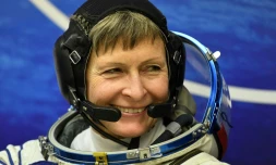 L'astronauté américaine Peggy Whitson au cosmodrome de Baïkonour loué par la Russie au Kazakhstan le 17 novembre 2016, avant son départ pour la Station Spatiale Internationale (SSI)