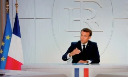 Le président Emmanuel Macron lors d'une interview télévisée depuis l'Elysée sur la situation de l'épidémie de coronavirus en France, le 14 octobre 2020 à Paris