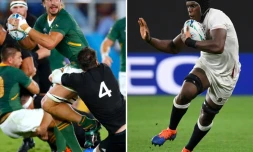 Le Sud-Africain Eben Etzebeth (g) et l'Anglais Maro Itoje (d) lors de matches de poules du Mondial de rugby 2019, dont les équipes s'affronteront en finale à Yokohama le 2 novembre 2019