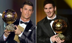 Photo montage de Christiano Ronaldo et Lionel Messi posant respectivement avec le Ballon d'or 2014 et 2012