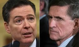 Photomontage présentant James Comey (G) à Washington le 20 mars 2017 et Michael Flynn (D) à Washington le 13 février 2017