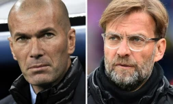 Photo montage des entraîneurs du Real Madrid Zinédine Zidane (g) et de Liverpool Jürgen Klopp, le 23 mai 2018 à Paris 