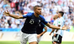 Kylian Mbappé vient de marquer le 3e but de la France contre l'Argentine en 8es de finale du Mondial, le 30 juin 2018 à Kazan 