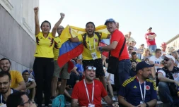 Des supporters colombiens en liesse dans la fan zone de Volgograd lors du match contre le Japon, le 19 juin 2018