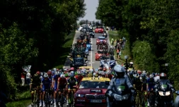 Le peloton au départ de la 2e étape du Tour de France entre Mouilleron-Saint-Germain et La Roche-sur-Yon, le 8 juillet 2018