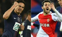 L'attaquant uruguayen du Paris SG Edinson Cavani (g), le 26 avril à Paris, et le milieu portugais de l'AS Monaco Bernardo Silva (d), le 29 avril 2017 à Paris