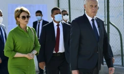 Le président Kais Saied et sa femme Ichraf se rendent au bureau de vote pour se prononcer sur le référendum lundi 25 juillet 2022  