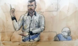 Croquis d'audience du 7 février 2022 de Nordahl Lelandais pendant son procès pour le meurtre de Maëlys de Araujo à la cour d'assises de Grenoble