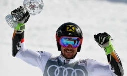 L'Autrichien Marcel Hirscher remportant le Géant des finales de la Coupe du monde de ski alpin à Are (Suède), le 17 mars 2018  