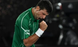 Le Serbe Novak Djokovic exulte après sa victoire face au Suisse Roger Federer en demi-finales de l'Open d'Australie, le 30 juin 2020 à Melbourne 