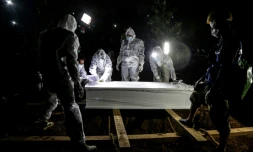 Inhumation d'une victime du Covid-19 à Bogor, en Indonésie, le 22 novembre 2020