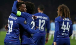 Les joueurs de Chelsea se congratulent après un but contre Malmö en C3 à Stamford Bridge, le 21 février 2019  