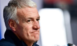 Le sélectionneur français Didier Deschamps en conférence de presse, le 9 juil 2018 à Saint-Pétersbourg