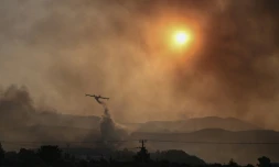 Un avion Canadair largue sa cargaison d'eau sur un incendie de forĂȘt Ă Gennadi, sur l'Ăźle de Rhodes, le 25 juillet 2023 en GrĂšce