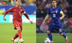 L'attaquant portugais Cristiano Ronaldo (g.), à Miami, le 27 juin 2026, et le milieu de terrain croate Luka Modric (d.), à Zagreb, le 12 octobre 2025