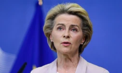 La présidente de la Commission européenne, l'Allemande Ursula von der Leyen, lors de l'annonce du remplacement du commissaire irlandais Phil Hogan, le 8 septembre 2020 à Bruxelles