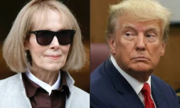 Les portraits de la journaliste E. Jean Carroll à New York le 25 avril 2023 et de l'ancien président américain Donald Trump à New York le 4 avril 2023