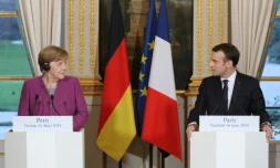 Le président Emmanuel Macron et la Chancelière allemande Angela Merkel lors d'une conférence de presse, le 16 mars 2018 à l'Elysée, à Paris