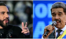(COMBO) Cette combinaison d'images créées le 20 avril 2025 montre le président salvadorien Nayib Bukele (G) prononçant un discours au Lycée national Adolfo Pineda à San Salvador le 15 mars 2025 ; et le président vénézuélien Nicolas Maduro prononçant un discours devant le palais présidentiel de Miraflores à Caracas le 10 janvier 2025