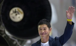 Le milliardaire japonais Yusaku Maezawa lors de l'annonce par la compagnie spatiale américaine SpaceX d'Elon Musk qu'il serait son premier passager privé à se rendre autour de la Lune en 2023, le 18 septembre 2018, à Hawthorne, en Californie