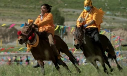 Des cavaliers le 26 juillet 2016 sur le plateau tibétain de Yushu dans la province chinoise du Qinghai