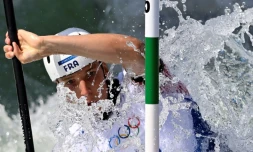 Le Français Titouan Castryck participe à la compétition de canoë slalom en kayak simple au stade nautique de Vaires-sur-Marne lors des Jeux olympiques de Paris 2024, le 30 juillet 2024