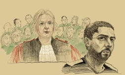 Croquis de la présidente de la cour d'assises de Bruxelles, Laurence Massart (g), et de Mehdi Nemmouche, dessiné lors de l'audience du 3 mars 2019 à Bruxelles