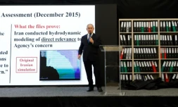 Le Premier ministre israélien Benjamin Netanyahu affirme le 30 avril 2018 dans les locaux du ministÚre de la Défense à Tel-Aviv qu'Israël dispose de nouvelles "preuves concluantes" d'un programme nucléaire iranien secret