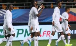 L'attaquant de l'équipe de France espoirs Odsonne Edouard (c) auteur d'un doublé lors de la victoire 3-1 sur la République tchèque en match amical à Troyes le 9 septembre 2019