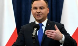 Le président polonais Andrzej Duda, lors d'une conférence de presse le 6 février 2018 à Varsovie