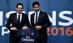 Le président du PSG Nasser Al-Khelaïfi lors de la présentation du nouvel entraîneur du club Unai Emery, le 4 juillet 2016 au Parc des Princes