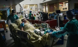 Des soignants transportent un patient à l'unité de soins intensifs de l'hôpital Lariboisière, le 14 octobre 2020 à Paris