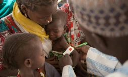 Un soignant mesure la circonférence du bras d'un enfant pour contrôler la malnutrition dans un dispensaire de l'Unicef dans un camp pour déplacés à Dikwa le 15 février 2017