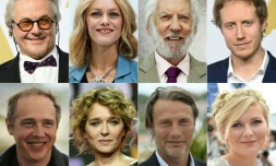 Photo montage avec certains des des membres du jury de Cannes (de haut en bas de G à D): Geroge Miller, Vanessa Paradis, Donald Sutherland, Lazlo Nemes, Arnaud Desplechin, Valeria Golino, Mads Mikkelsen, Kirsten Dunst