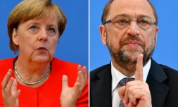 Montage de deux photos d'Angela Merkel (g), le 29 août 2017 à Berlin, et Martin Schulz (d), le 27 juin 2017 à Berlin