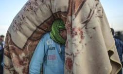 Un réfugié syrien transporte ses effets et se dirige vers Bab al-Salam, près de Azaz (nord de la Syrie) pour traverser la frontière turque, le 5 février 2016