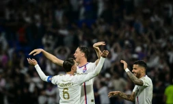 Les Lyonnais exultent aprĂšs leur succĂšs fou (4-3) face Ă Brest, le 14 avril 2024 au Groupama Stadium