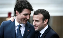 Le Premier ministre canadien Justin Trudeau et le président français Emmanuel Macron aprÚs leur rencontre à l'Elysée, le 16 avril 2018