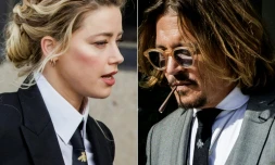 Un montage montrant l'actrice Amber Heard le 13 avril 2022 et la star Johnny Depp le 11 avril 2022 aux portes du tribunal de Fairfax, près de Washington