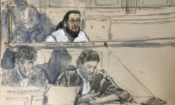 Croquis d'audience de Mohamed Lamine Aberouz (en haut) au premier jour de son procès pour l'attentat de Magnanville, le 25 septembre 2023 à Paris