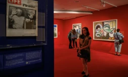 Des visiteurs de l'exposition "It's Pablo-matic: Picasso selon Hannah Gadsby", au Brooklyn Museum de New York, le 31 mai 2023