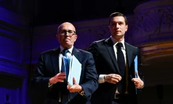 Le président du RN, Jordan Bardella (d) et le président des Républicains (LR) lors d'une réunion avec le Medef, le 20 juin 2024 à Paris