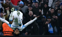 Pierre-Emerick Aubameyang célèbre son deuxième but, celui de la victoire, mardi en Ligue des champions contre Newcastle au Stade Vélodrome.