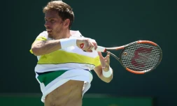 Nicolas Mahut pendant son match avec l'Américain Michael Mmoh à Key Biscayne, Floride, le 22 mars 2017 