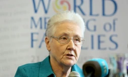Ancienne victime d'abus sexuels de la part d'un prêtre, Marie Collins lors d'une table ronde lors de la Rencontre mondiale des familles organisée  par la Royal Dublin Society (RDS) à Dublin, le 24 août 2018