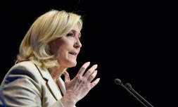 La candidate du Rassemblement national Marine Le Pen lors d'un discours de campagne à Stiring-Wendel (Moselle), le 1er avril 2022